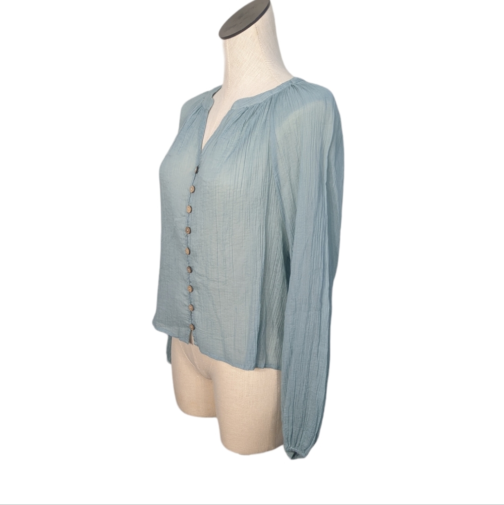 Free People Freya Crinkle Gauze Texture Button Long Sleeve Sheer Blouse Medium - Picture 1 of 10